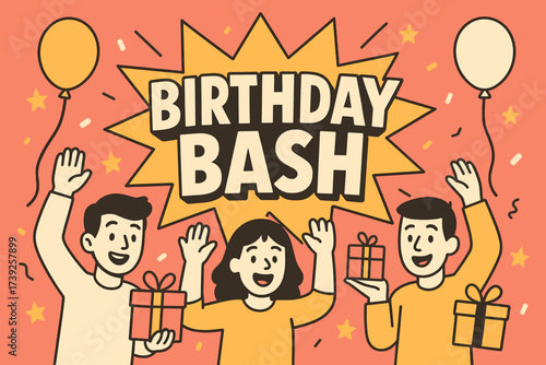 Birthday Bash Celebration. Birthday Bash banner, flat vector illustration, bold oversized text inside splash explosion, cartoon characters waving with balloons
