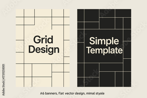 Minimalist Grid Banners. Two vertical A6 banners, flat vector design, cream and black backgrounds, abstract thin grids pattern, minimal style, first banner