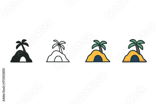 Island Icon Styles. Vector icon island with cave same pose same proportions four styles black solid glyph outline minimal flat multicolor filled cartoon flat