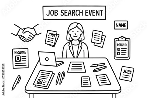 Job Fair Doodles. Job Search Event. Hand-drawn doodle illustration booth setup, resume papers, brochures, recruiter, handshake, name badge, laptop, clipboard,