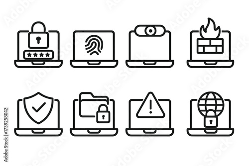 Laptop Security Icons. Outline icon set of laptop security: password lock, fingerprint scanner, webcam cover, firewall, antivirus shield, encrypted folder,
