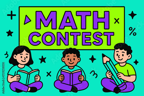 Math Contest Banner. Math Contest banner, flat vector illustration, bold oversized text inside rectangular frame, cartoon characters sitting with books and