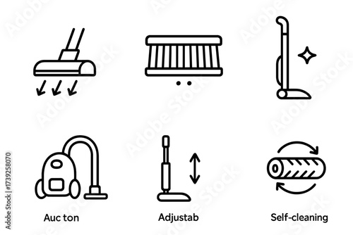 Vacuum Functions Icons. Outline icon set of vacuum cleaner functions: suction power, brush roll, HEPA filter, cordless mode, bagless design, adjustable height,