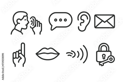 Whisper Communication Icons. Outline icon set of whisper communication: person whispering, speech bubble with dots, ear listening, secret message, hush hand