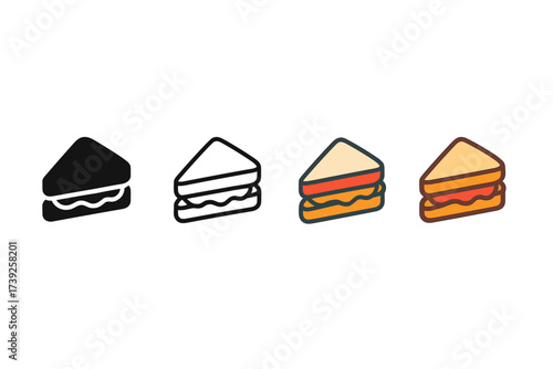Stylish Sandwich Icons Set. Vector icon sandwich same pose same proportions four styles black solid glyph outline minimal flat multicolor filled cartoon flat