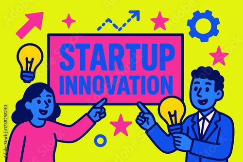 Startup Innovation Showcase. Startup Innovation banner, flat vector illustration, bold oversized text inside rectangular frame, cartoon characters pointing