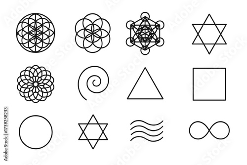 Sacred Geometry Icons. Sacred geometry. Line icon set of sacred geometry: flower of life, seed of life, metatron cube, hexagram, mandala, spiral, triangle,
