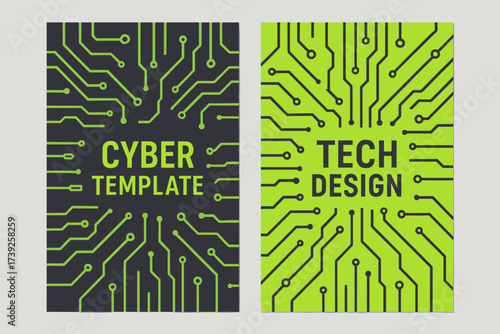 Cyber Tech Banners. Two vertical A6 banners, flat vector design, grey and neon green backgrounds, cyber circuit board lines, digital theme, first banner with