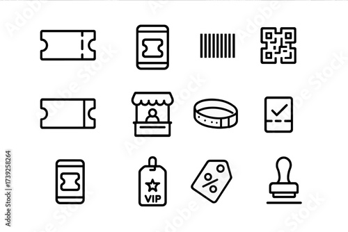 Ticketing Icons Grid. Ticketing. Line icon set of ticketing: paper ticket, e-ticket, barcode, QR code, ticket stub, ticket booth, wristband, reservation icon,