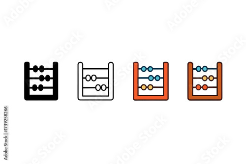 Image Generation. Vector icon abacus math same pose same proportions four styles black solid glyph outline minimal flat multicolor filled cartoon flat shaded.