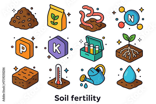 Soil Fertility Icons. Soil fertility. Colorful isometric vector icons set of soil fertility: compost pile, fertilizer bag, earthworms, nitrogen molecule,