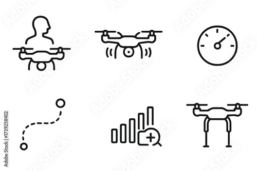 Drone Feature Icons. Outline icon set of drone flight features: autopilot, obstacle sensor, altitude meter, speedometer, flight path, signal strength, camera