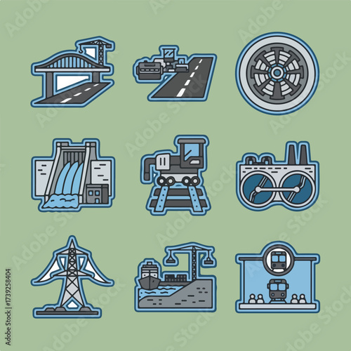 Nine vector icons are arranged on a sage green background depicting different areas of industrial and urban infrastructure, rendered in light grays and blues.