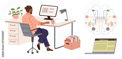 Man seated at desk using computer surrounded by design elements thumbs up books, laptop, brain with circuit connections. Ideal for remote work, AI, productivity, tech integration, education