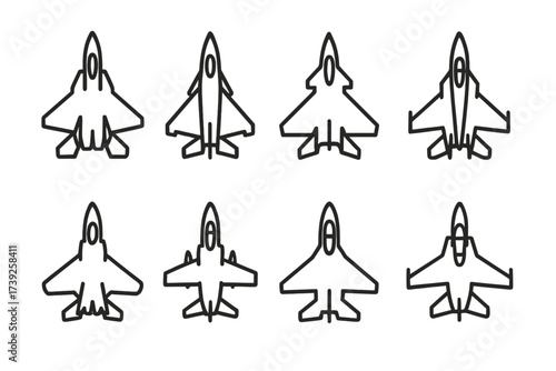 Fighter Jet Icons. Outline icon set of fighter jet types: multirole, interceptor, stealth, carrier-based, air superiority, ground attack, reconnaissance,