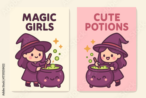 Magic Girls Banners. Two vertical A6 banners, flat vector design, cream and pink backgrounds, cute witches brewing potion, kawaii cauldrons, candy style, first