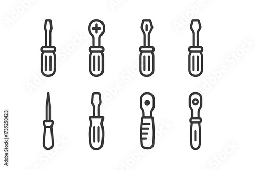 Screwdriver Icon Set. Outline icon set of screwdriver types: flathead, Phillips, Torx, hex, Robertson, precision, electric, ratchet. Line icons in only black