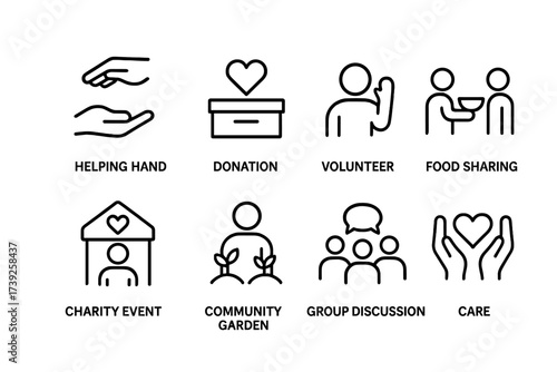Community Support Icons. Outline icon set of community support: helping hand, donation box, volunteer, food sharing, charity event, community garden, group