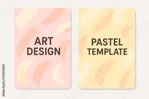 Pastel Art Banners. Two vertical A6 banners, flat vector design, pastel pink and yellow backgrounds, soft abstract brush strokes, artistic template, first