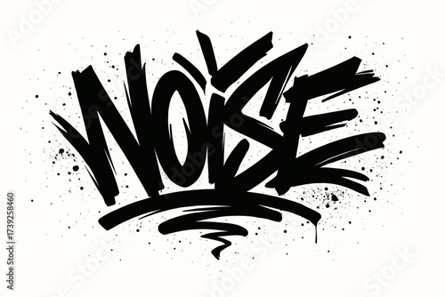 Graffiti Art Chaos. Noise, graffiti lettering, chaotic bold strokes, surrounded by spray effects, horizontal balanced layout, clean white background, vector
