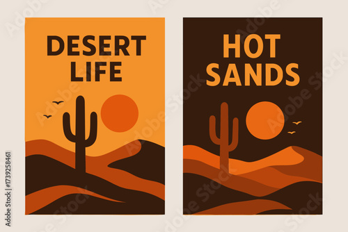 Desert Banner Duo. Two vertical A6 banners, flat vector design, orange and dark brown backgrounds, desert dunes with cactus silhouettes, sunset theme, first