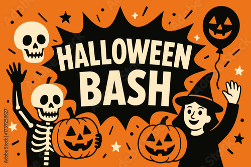 Halloween Bash Banner. Halloween Bash banner, flat vector illustration, bold oversized text inside comic burst, cartoon characters waving with pumpkins and