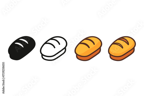 Diverse Bread Icon Styles. Vector icon bread loaf fresh same pose same proportions four styles black solid glyph outline minimal flat multicolor filled cartoon