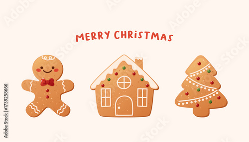 Christmas card with gingerbread cookies. A gingerbread man, gingerbread house, drawn in a simple, childish style. Merry Christmas greeting card