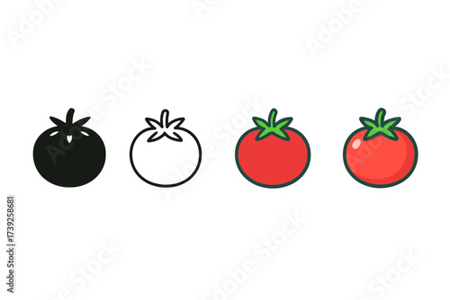 Tomato Vector Icons. Vector icon tomato vegetable same pose same proportions four styles black solid glyph outline minimal flat multicolor filled cartoon flat