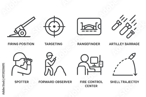 Artillery Tactics Icons. Outline icon set of artillery tactics: firing position, targeting system, rangefinder, artillery barrage, spotter, forward observer,