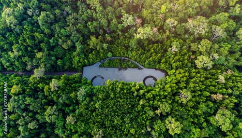 Aerial view of a dense, lush forest, interrupted by the unmistakable silhouette of a car-shaped river, symbolizing the environmental impact of transportation and automobile production amidst nature's.