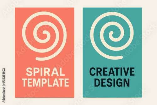 Abstract Spiral Banners. Two vertical A6 banners, flat vector design, coral and turquoise backgrounds, abstract spiral shapes, modern minimal, first banner