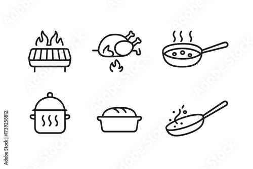Cooking Technique Icons. Outline icon set of dinner cooking techniques: grilling, roasting, boiling, frying, steaming, baking, sauteing, simmering. Line icons