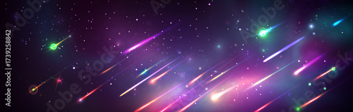 Colorful space scenery with falling stars and meteor shower for cosmic wallpaper. Purple galaxy backdrop with comets, asteroids and celestial trails. Dynamic universe panorama for astronomy background
