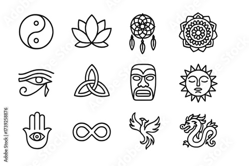 Cultural Symbols Collection. Cultural symbols in art. Line icon set of cultural symbols in art: yin yang, lotus flower, dreamcatcher, mandala, eye of Horus,