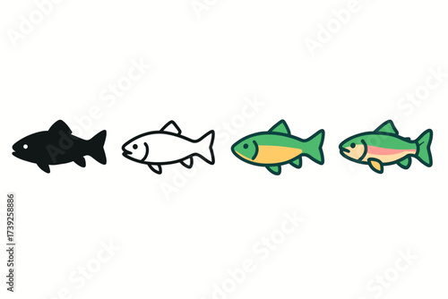 Trout Icon Styles. Vector icon trout fish same pose same proportions four styles black solid glyph outline minimal flat multicolor filled cartoon flat shaded.