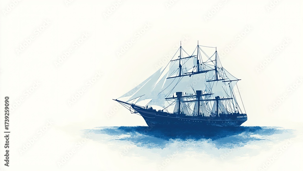 Obraz premium Tall ship sails on watercolor-style ocean in monochrome blue