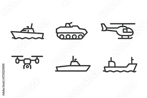 Coastal Defense Icons. Outline icon set of coastal defense vehicles and vessels: patrol boat, amphibious assault vehicle, armored truck, helicopter, drone,
