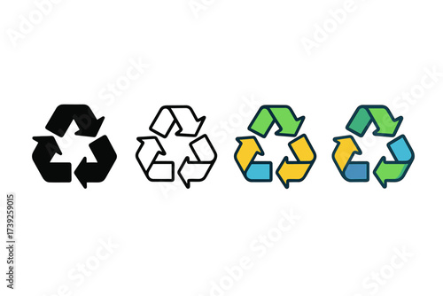 Recycling Icons Styles. Vector icon recycling arrows same pose same proportions four styles black solid glyph outline minimal flat multicolor filled cartoon