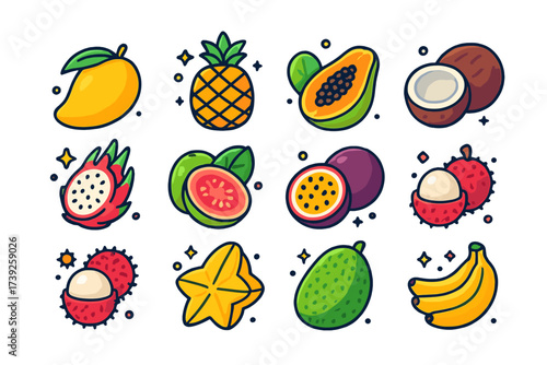 Tropical Fruit Icons. Tropical fruits. Colorful isometric vector icons set of tropical fruits: mango, pineapple, papaya, coconut, dragon fruit, guava, passion