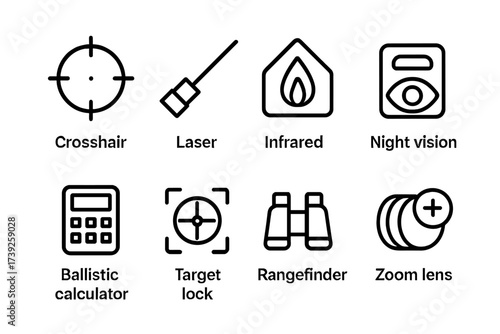 Turret Targeting Icon Set. Outline icon set of turret targeting aids: crosshair, laser pointer, infrared sight, night vision, ballistic calculator, target