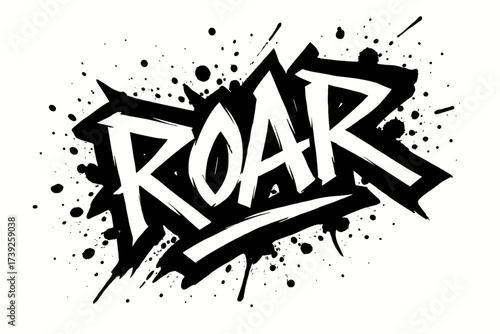Roaring Graffiti Art. Roar, graffiti lettering, heavy jagged strokes, surrounded by splatters, diagonal decorative composition, clean white background, vector
