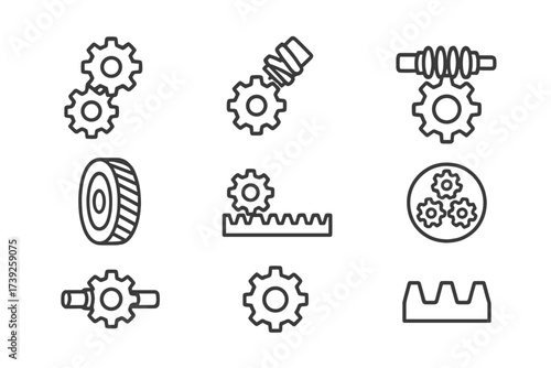 Gear Mechanism Icons. Outline icon set of gear mechanisms: spur gear, bevel gear, worm gear, helical gear, rack and pinion, planetary gear, gear shaft, gear