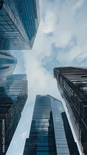 Exploring Urban Skyscrapers: A Stunning Perspective from the Ground Up Showcasing the Majestic Architecture of Glass and Steel Structures Against a Blue Sky