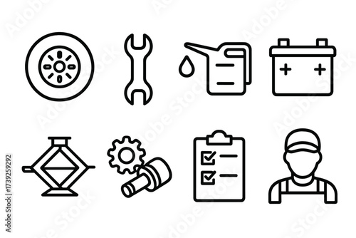 Truck Maintenance Icons. Outline icon set of truck maintenance: tire, wrench, oil can, battery, jack, spare parts, inspection checklist, mechanic. Line icons