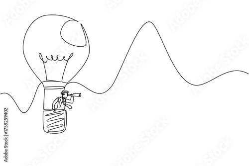 Continuous one line drawing businessman rides hot air balloon shaped lightbulb, looks through using monocular. Intuition. Idea. National Creativity Day. Single line draw design vector illustration