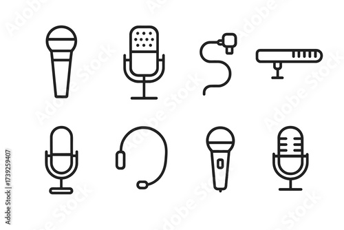 Microphone Icons Set. Outline icon set of microphone types: handheld microphone, condenser microphone, lavalier mic, shotgun microphone, USB microphone,