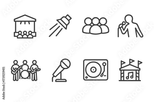 Music Icon Set. Outline icon set of song performance: stage, spotlight, audience, singer, band, concert microphone, DJ turntable, music festival. Line icons in