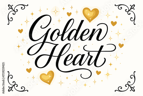 Golden Heart Design. Golden Heart, elegant calligraphy lettering, smooth curves, balanced composition, clear readable letters, consistent style, surrounded by