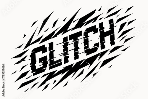Cyber Futuristic Glitch. Glitch, cyber futuristic lettering, broken pixel strokes, surrounded by shards, diagonal decorative composition, clean white